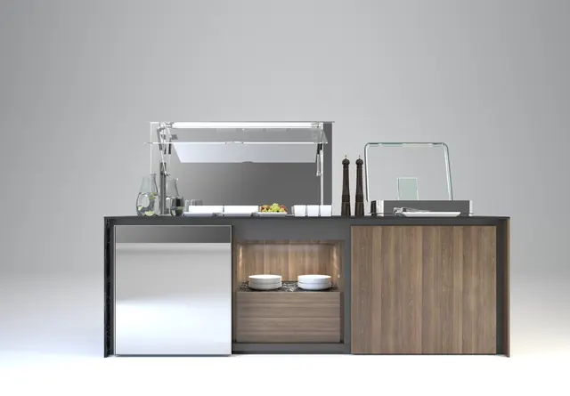 BLADE aperto: buffet con piano refrigerato e cloche